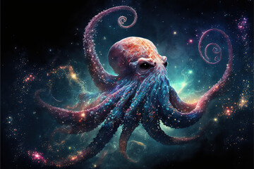 Cosmic octopus spirit in space. Godlike creature, awe inspiring, dreamy digital illustration.	
