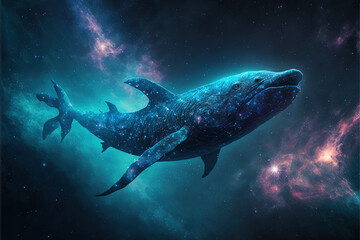 Fototapeta premium Cosmic pliosaurus swimming in space. Godlike creature, awe inspiring, dreamy digital illustration. 