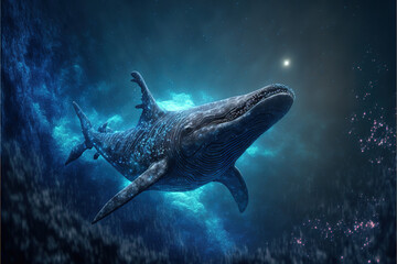 Cosmic lipoleurodon swimming in space. Godlike creature, awe inspiring, dreamy digital illustration.	
