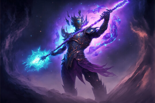 Cosmic being warrior, holding a battle staff. Role-playing game illustration. Generative AI.