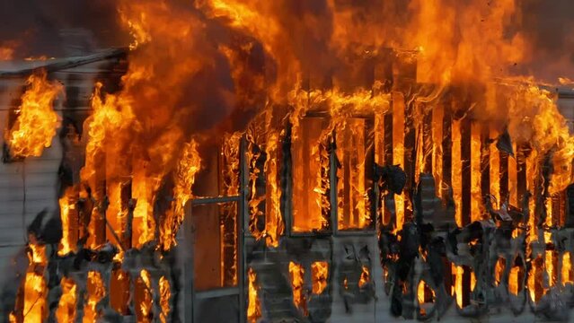 Small home engulfed in flames with a large fire. Slow motion footage of large flames. Fire and smoke billowing out of a trailer home.