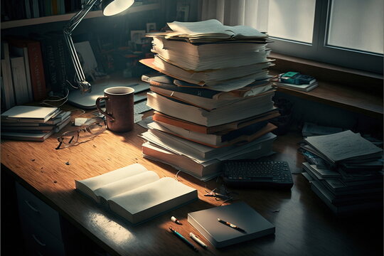 pile of documents on work table, office dirty, Made by AI,Artificial intelligence