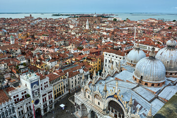 MAY 20, 2017 - VENICE, ITALY: View of the roof of Saint Mark's Basilica and the city of Venice from...