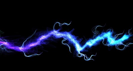 Blue lightning, power energy charge, black abstract background. Blitz effect. Night storm flash, thunderstorm. Thunder shock isolated on dark. Digital art dynamic illustration.