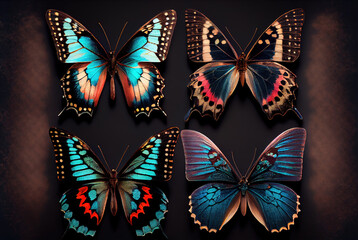 Obraz na płótnie Canvas Generative AI: bbutterfly set of four, closeup beautiful and bright colors