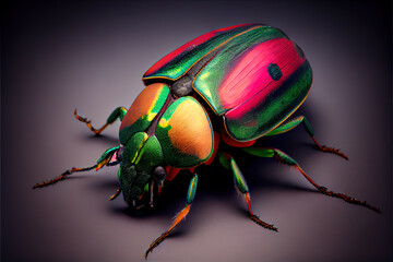 Naklejka premium Generative AI: iridescent insect colorful on gray background macro