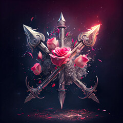 Generative AI:  fantasy crossed swords symbol with roses and sparkles
