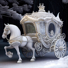 Generative AI: carriage of a fairy in the snow with a white horse