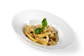 Pasta. Penne Pasta with Bolognese Sauce, Parmesan Cheese and Basil on a Fork. Italian Cuisine. Mediterranean food