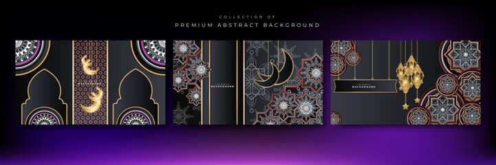 Set of abstract 3d black and gold ramadan islamic background with lantern, mandala pattern, moon, crescent. Template for greeting card, banner, poster, wallpaper. Vector illustration