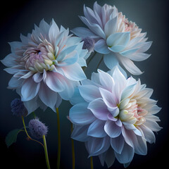 Generative AI: bouquet of dahlias with their buds in white and lilac tones