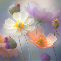 Generative AI: set of fragile and ethereal flowers in pastel colors