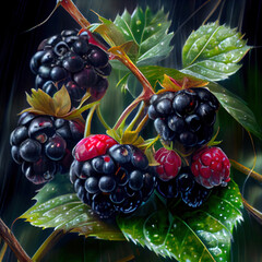 Generative AI: blackberry in a thorny bush wet rain in the forest
