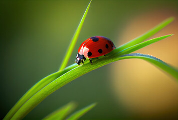 Fototapeta premium Generative AI: ladybug on green leaf extreme close up