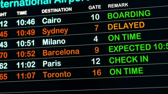 Airport time table with flight data. Flight departure board with some cancelled or delayed flights on a screen. International airport, tourism and travel concept. 3D animation