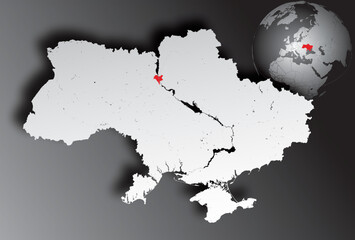 Map of Ukraine with rivers and lakes and Earth globe with Ukraine in red. Hand made. Please look at my other images of cartographic series - they are all very detailed and carefully drawn by hand - 560571015