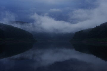 Landscape photo with fog on the lake.
A quiet and lonely impression.