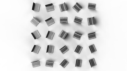 Many notebooks oriented in various directions under white lighting background. Concept 3D CG of project role assignment, diversity of attendance patterns and multitasking method. PNG file format.