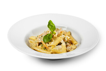 Pasta. Penne Pasta with Bolognese Sauce, Parmesan Cheese and Basil on a Fork. Italian Cuisine. Mediterranean food