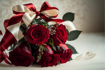 Bouquet di rose rosse per San Valentino con fiocchi bianchi su sfondo bianco generato dall'AI
