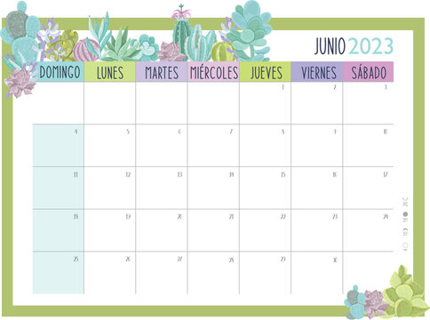Calendario Planificador 2023 en Espa&ntilde;ol - Tama&ntilde;o A4 - Mes de Junio