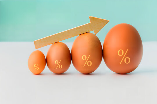 Eggs with percentage sign and wood arrow up, farm growth, interest rate increase, inflation, sale price and tax rise concept