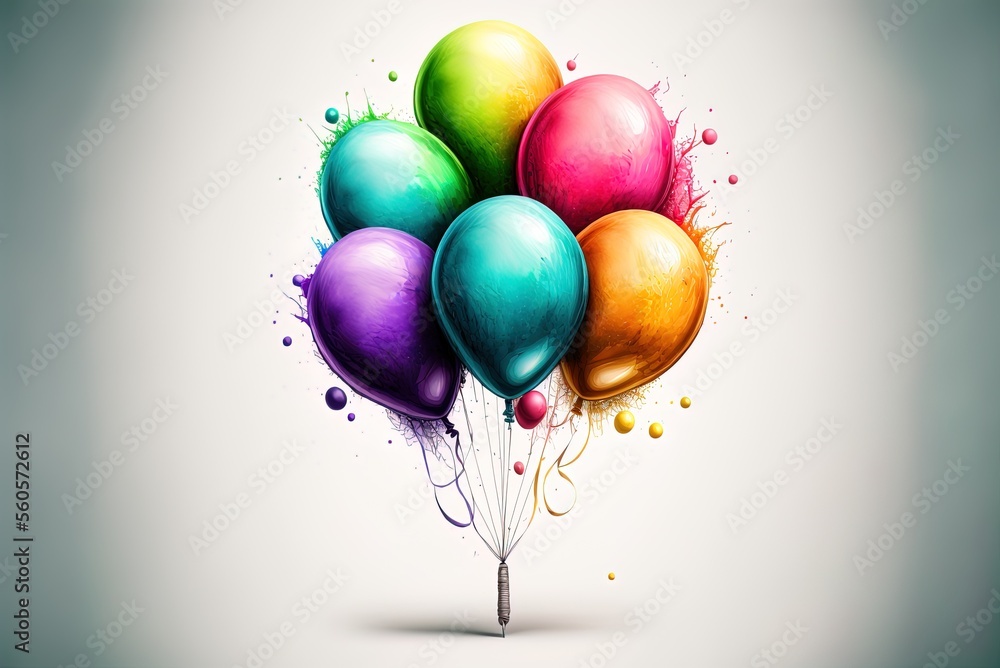 Poster string of multicolored balloons on a white backdrop. generative ai