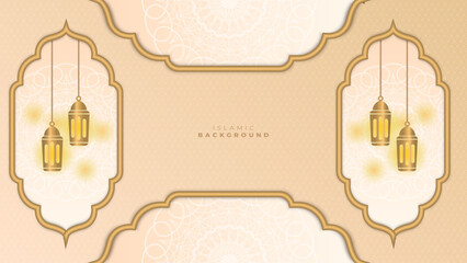 Abstract islamic ramadan background in gold color gradient. Ramadan kareem islamic greeting background with lantern, mosque and crescent moon