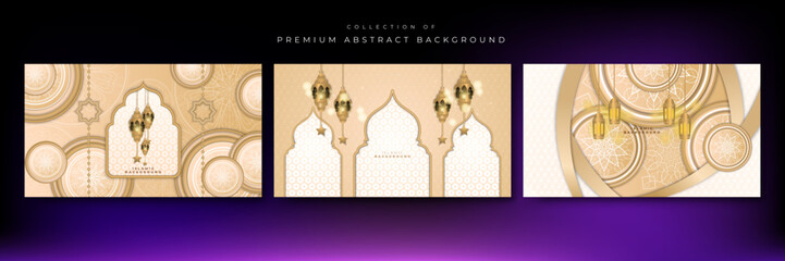 Abstract islamic ramadan background in gold color gradient. Ramadan kareem islamic greeting background with lantern, mosque and crescent moon