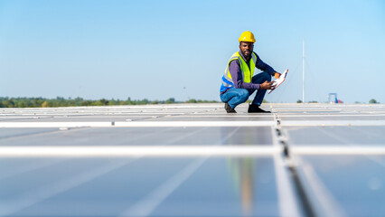 African man engineer using digital tablet maintaining solar cell panels on building rooftop. Technician working outdoor on ecological solar farm construction. Renewable clean energy industry concept.