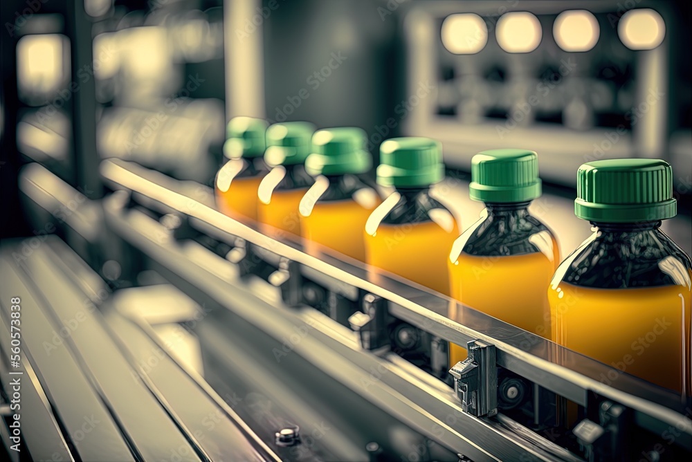 Poster high-tech beverage factory with a moving belt of bottles. generative ai