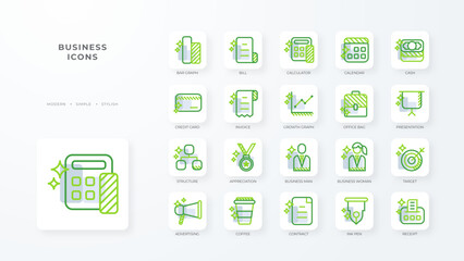Business icon collection with green outline style. Icons Office and Business with business, marketing, management, social, loyalty, service, retention, and more sign. Vector illustration