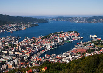Bergen aerial  view from Mount Floyen viewpoint. Bergen is a city and municipality in Hordaland, Norway.