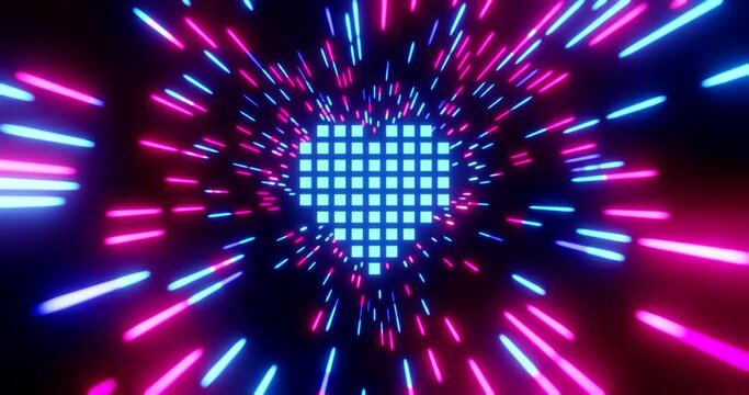 Abstract neon light streaks background with heart dot strip. Neon light wave and lines move in space. Futuristic background. Neon space. 3D 4K loop animation
