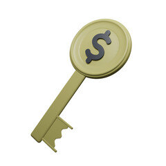 3D Key with Dollar Coin Isolated on Transparent Background