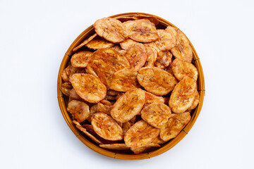 Banana chips on white background.