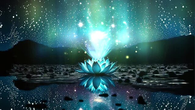 Animated Blue Starlight Lotus Background, Machine Learning Generated AI Image of A Lotus on A Lake Reflecting the Stars