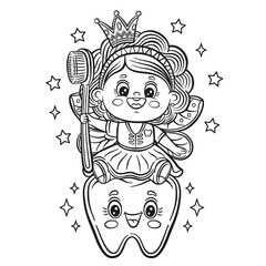 Cute tooth fairy princess elf with toothbrush line icon. Children coloring book page. Kids medical dentistry. Magic girl butterfly character with wings. Oral dental molar teeth hygiene. Outline vector