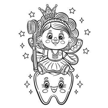 Cute tooth fairy princess elf with toothbrush line icon. Children coloring book page. Kids medical dentistry. Magic girl butterfly character with wings. Oral dental molar teeth hygiene. Outline vector