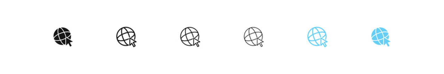 Internet icon. Online symbol. Web network signs. Click cursor on globe icons. Website symbols. Black and blue color. Vector sign.