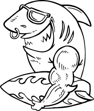 Vector mascot, cartoon, and illustration of a shark wearing sunglasses and holding surfing board