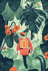 Retro Risoprint poster of a jungle explorer, wandering through vibrant red flowers and jungle ferns, using 1950s colors and beautiful textures. Generative Ai, upscaled and high resolution.