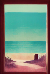 Retro Risoprint poster of a door leading out to a beautiful beach paradise, in 1950s colors and with beautiful textures. Generative Ai.