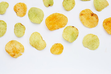 Potato chips on white background.