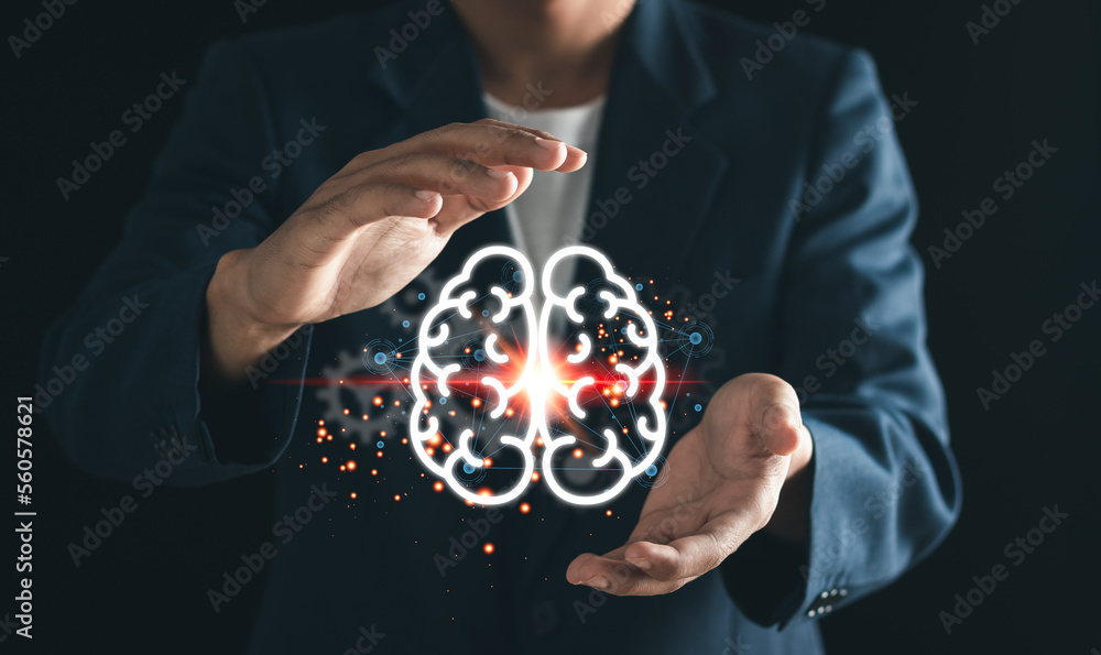Aufkleber artificial intelligence of future technology. businessman touching brain in hand on modern virtual i