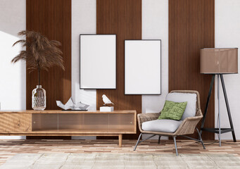 Mock up poster frame in modern interior fully furnished rooms