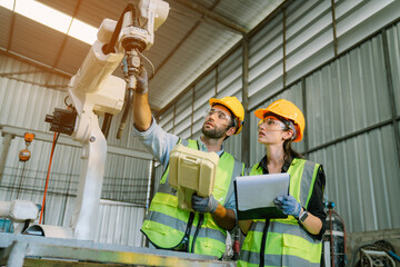 Team of Engineers is controlling robot arm machine welding steel, worker using forcing welding with...