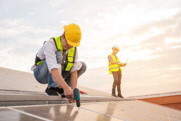 Engineering team working on checking and maintenance in solar power plant, Solar panel technician...