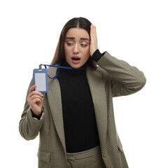 Worried woman with vip pass badge on white background