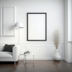 Mock up photo frame with a white wall and white lamp and white sofa black pillow